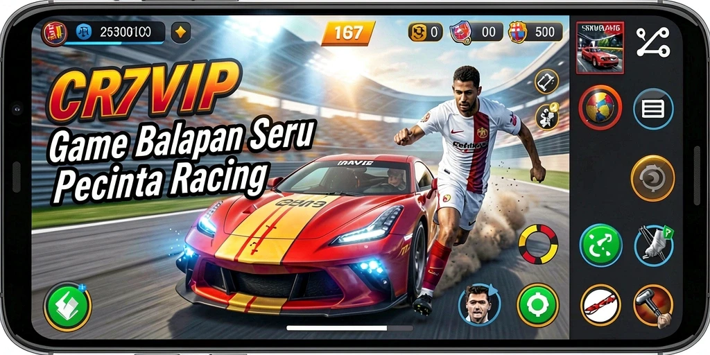Tangkapan layar utama CR7VIP menunjukkan aksi balapan seru yang menegangkan.
