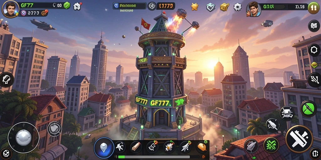 Screenshot menunjukkan aksi menara pertahanan dalam GF777 dengan efek visual yang epik.