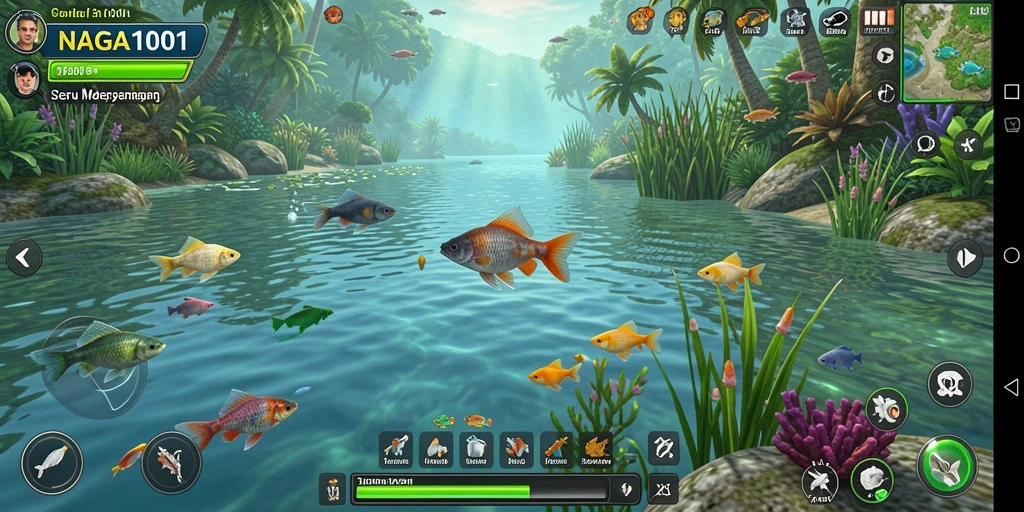 Tampilan gameplay seru NAGA1001 dengan ikan beragam dan lokasi memancing.