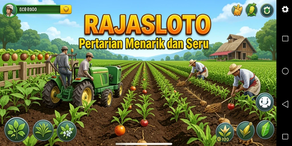 Screenshot utama RAJASLOTO memperlihatkan aktivitas bertani yang seru dan menyenangkan.