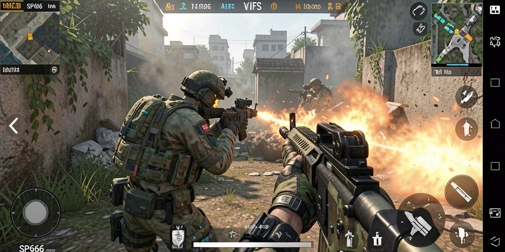 Screenshot gameplay SP666 menampilkan aksi tembak-menembak yang mendebarkan.